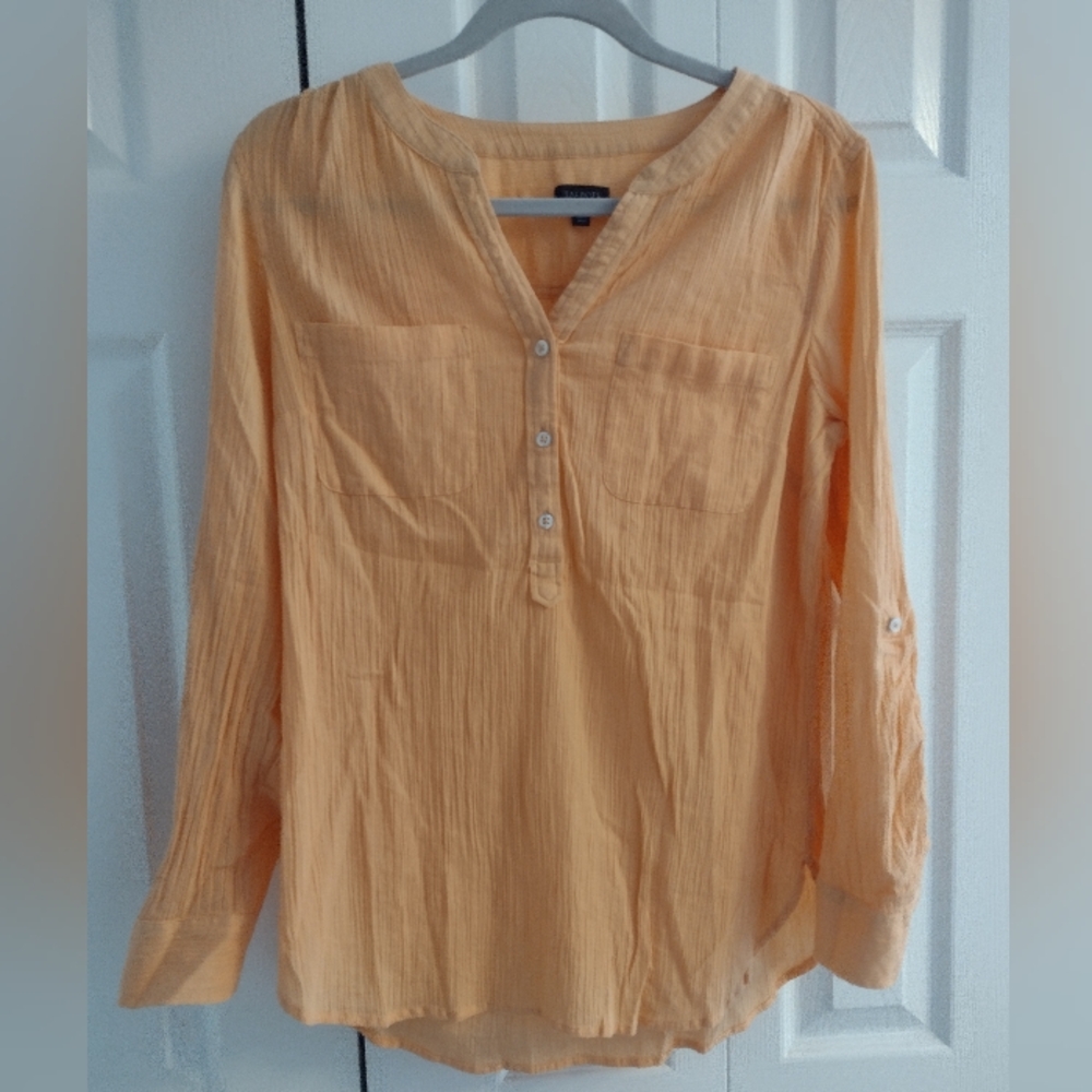 Talbots 100% Cotton Women's Orange Gauze Band Collar Popover Top Sz M